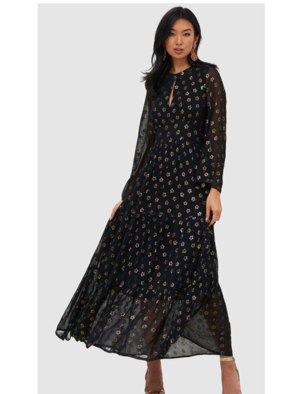 OLIPHANT balloon waisted maxi dress in black metallic floral  Size 2X